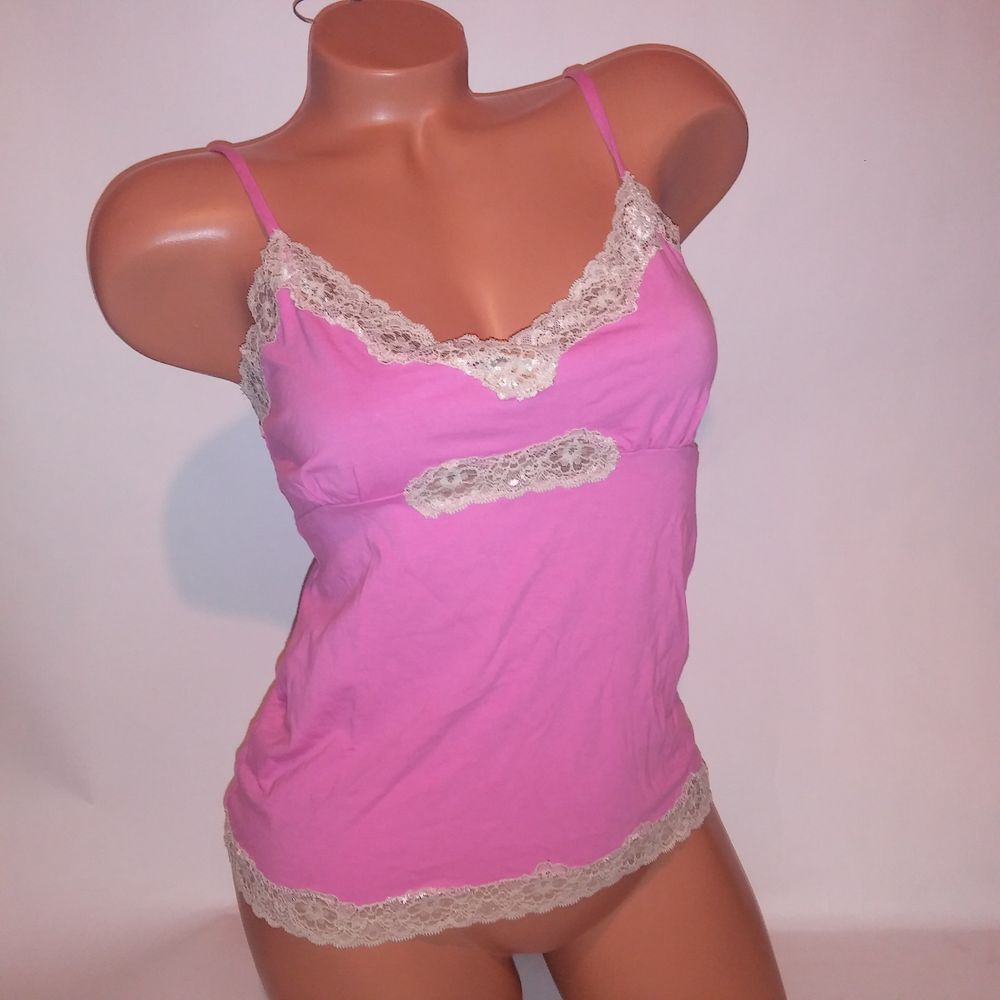 Steve Camisole Top Medium Tank Top Pink Lace Trim Cami Stretch Y2K